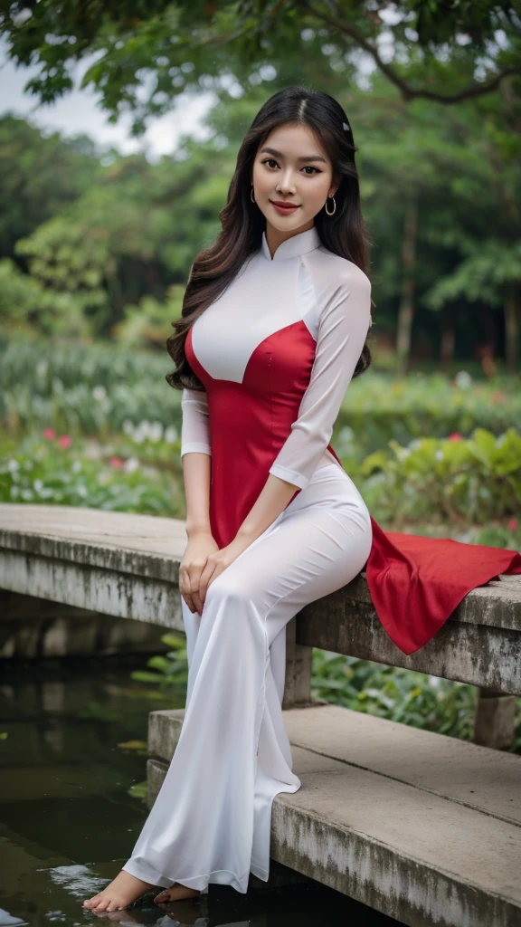 Detailed body, attractive body, perfect human body, realistic face,
(ultimate quality, masterpiece, highres:1.0), realistic:1.6, photorealistic,
[8k UHD photos, UHD high quality photos, Super detailed and super clear images],
Close-up of a Vietnamese girl with a detailed body, attractive body, perfect human body, realistic face,
(ultimate quality, masterpiece, highres:1.0), realistic:1.6, photorealistic,
[8k UHD photos, UHD high quality photos, Super detailed and super clear images],
Close-up of a Vietnamese girl with a beautiful face, tall and beautiful like a photo model,
, leggy, round face, big round eyes, Charming smile, Red lips, long curly eyelashes, big dimples, pointed chin, plump face, bright white skin, slim waist and long legs, wearing rings and earrings,
 Her face resembles Tuyet Linh, Tall and plump figure, wearing a super bright and shiny blue silk ao dai, sitting on the bridge side the lotus pond, cute pose,
Super shiny silk ao dai, wearing see-through ao dai, wearing red bra,