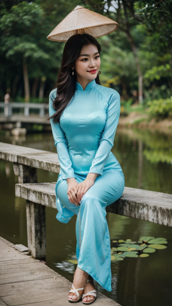 Detailed body, attractive body, perfect human body, realistic face,
(ultimate quality, masterpiece, highres:1.0), realistic:1.6, photorealistic,
[8k UHD photos, UHD high quality photos, Super detailed and super clear images],
Close-up of a Vietnamese girl with a detailed body, attractive body, perfect human body, realistic face,
(ultimate quality, masterpiece, highres:1.0), realistic:1.6, photorealistic,
[8k UHD photos, UHD high quality photos, Super detailed and super clear images],
Close-up of a Vietnamese girl with a beautiful face, tall and beautiful like a photo model,
, leggy, round face, big round eyes, Charming smile, Red lips, long curly eyelashes, big dimples, pointed chin, plump face, bright white skin, slim waist and long legs, wearing rings and earrings,
 Her face resembles Tuyet Linh, Tall and plump figure, wearing a super bright and shiny blue silk ao dai, sitting on the bridge side the lotus pond, cute pose,
Super shiny silk ao dai, wearing see-through ao dai, wearing red bra,