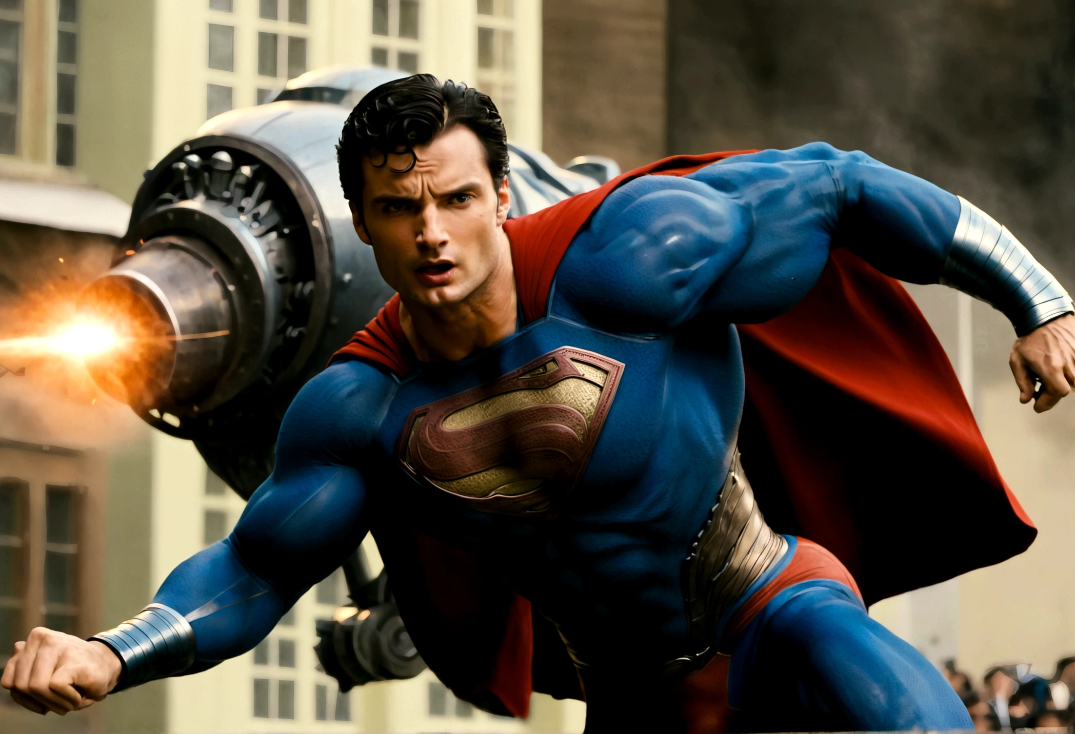 Superman played by Tom Welling punching big robot