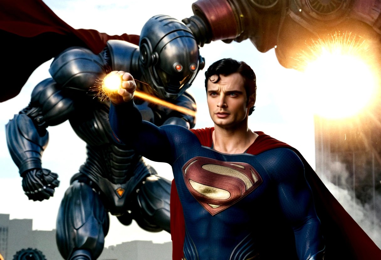 Superman played by Tom Welling punching big robot