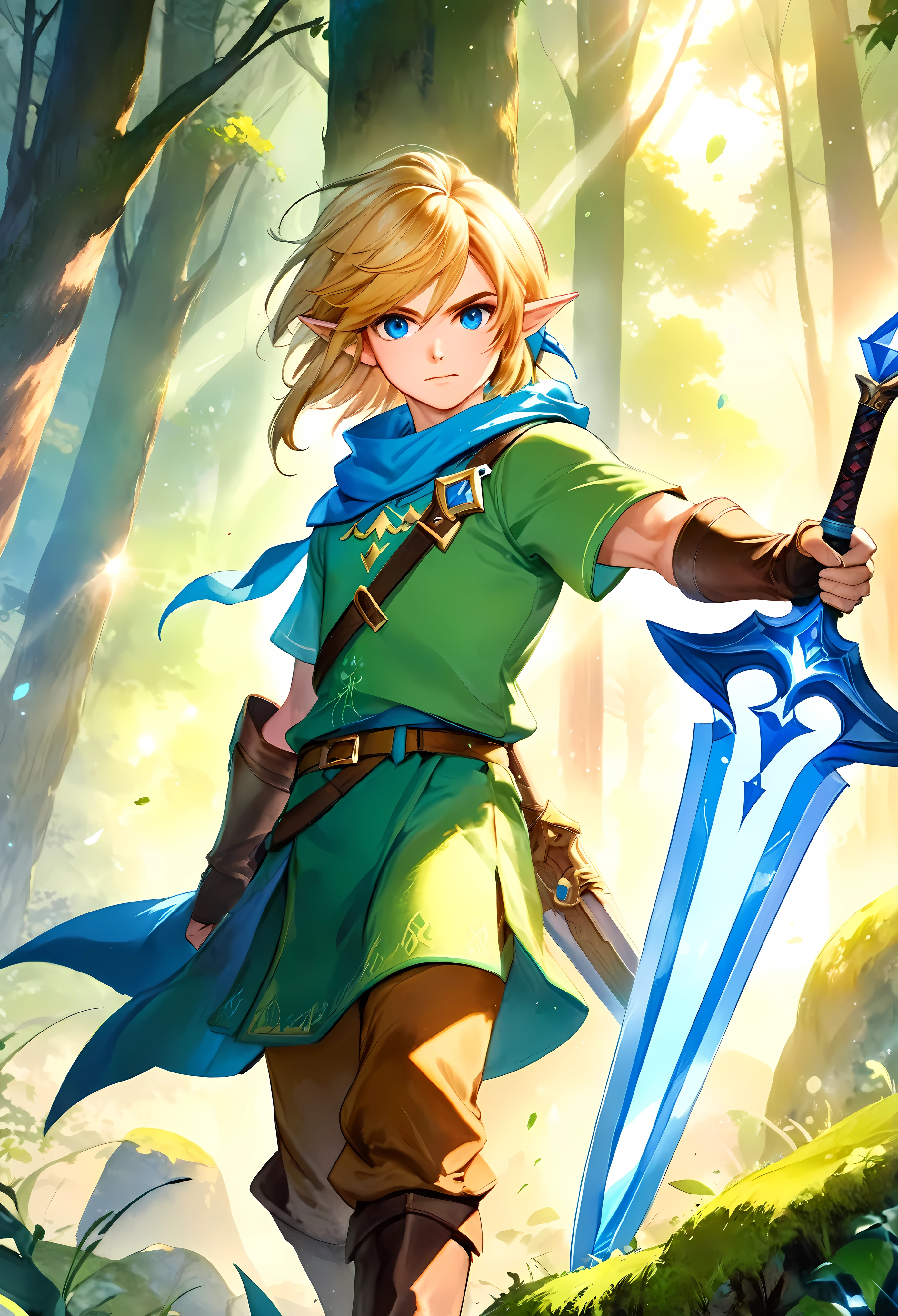 Create a breathtaking, ultra-high-definition image in 16K resolution that captures the essence of high fantasy and adventure, inspired by the creator's original art style from The Legend of Zelda. | Visualize Link, the iconic hero, with his signature green tunic, brown boots, and leather gauntlets. His blonde hair should be slightly tousled, and his determined blue eyes should reflect both his courage and readiness for the journey ahead. Link's ears are pointed, adding to his elf-like appearance, and his expression is one of focus and bravery. | He is equipped with his Master Sword and Hylian Shield, both meticulously detailed to highlight their legendary status. The backdrop is a lush, enchanted forest bathed in the soft glow of twilight, with rays of light filtering through the dense canopy, casting ethereal shadows and highlights. The scene should include subtle elements from the Zelda universe, like faintly glowing ruins or distant, mystical creatures, adding depth and a sense of magic to the environment. | Capture Link in a dynamic pose as he stands on a moss-covered rock, ready for battle. The camera angle is slightly low, emphasizing his heroic stature and the readiness in his stance. His muscular arms and the firmness of his grip on the sword portray his strength and determination. Strategic lighting illuminates his face and armor, casting a heroic glow that highlights the details of his outfit and the textures of his surroundings. The overall ambiance should integrate vibrant colors and rich details, creating a sense of depth and immersion in the fantasy world. Ensure anatomical correctness, with a focus on ultra-detailed textures and high-quality rendering, capturing every nuance of Link's appearance and gear in stunning clarity. This masterpiece should embody the spirit of adventure and heroism, immersing viewers in its lifelike depiction.| ((anatomical correctness)), ((perfect_composition, perfect_design, perfect_layout, perfect_detail, ultra_detailed)).