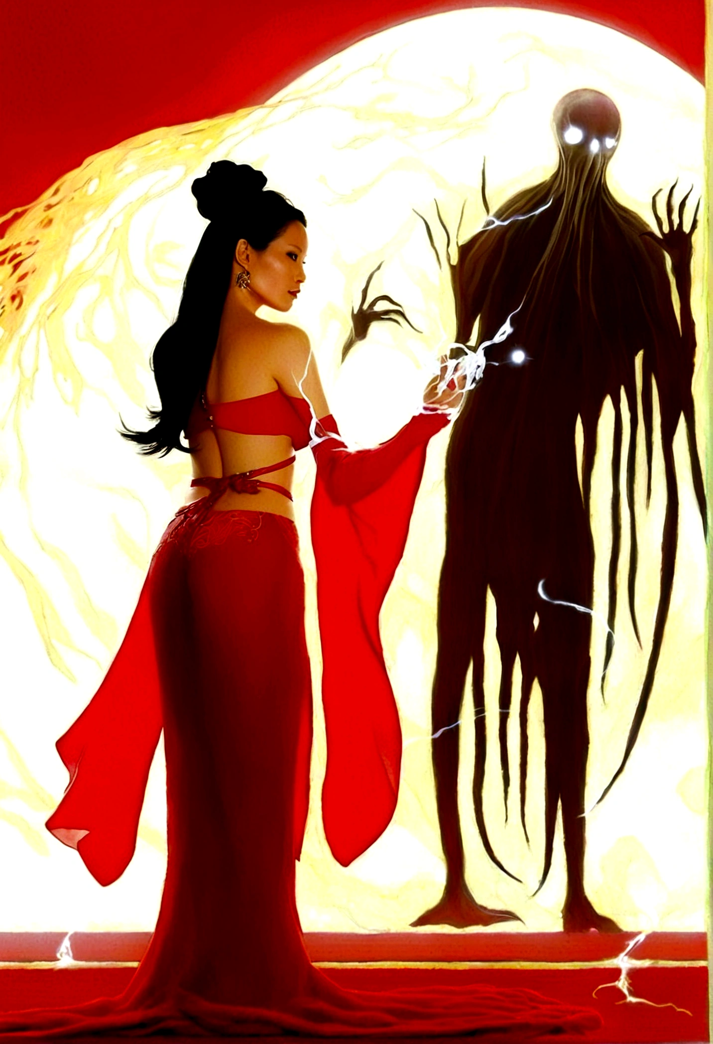 Lucy Liu, age 25, (bright red sexy asian witch lingerie (stomach exposed, breast drapes) wielding spells (strips of paper with kanji), approaching a spooky ghost with many tentacles
