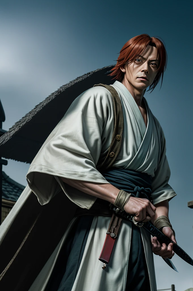 Highest quality，High resolution，((chee々Yushin_Rurouni Kenshin)) ，One person，（knife），（white_coat），bandage，mummy，male，One personで，Middle Age，（Rurouni Kenshin），strongest，Anime Style，（Night Sky_background），(Limbs)，(Full Finger)，(Accurate fingertips), (The finer details), (Super detailed)，4K，(high resolution)，whole body, (Front angle), Looking at the camera,masterpiece，(Subtle details)，(Intricate details)，Octane Rendering，(Hyper Detail)，