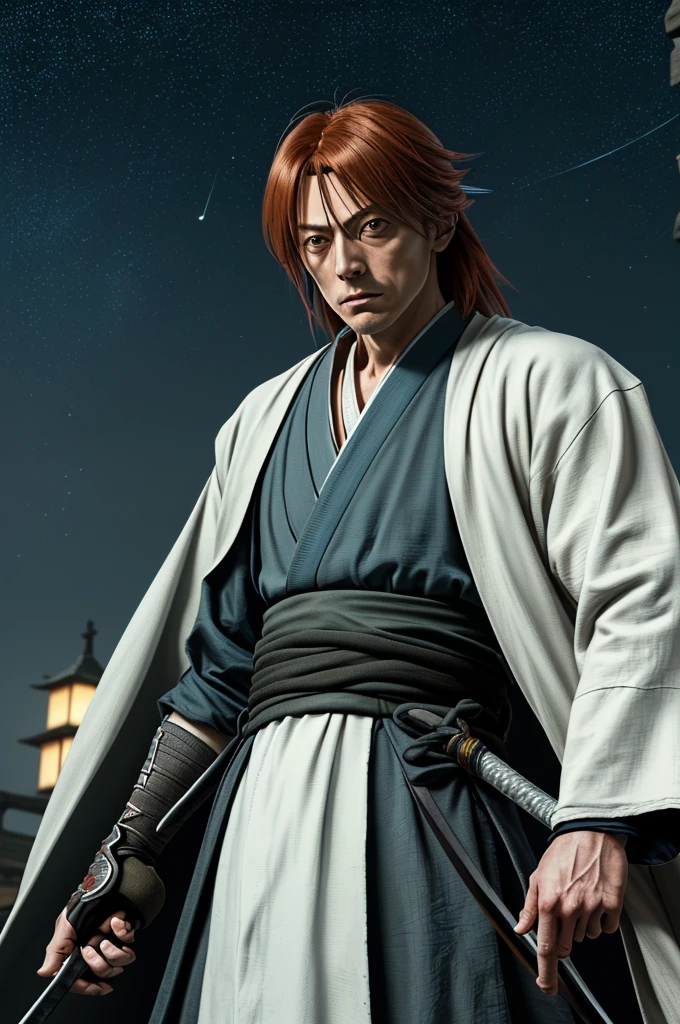 Highest quality,High resolution,((chee々Yushin_Rurouni Kenshin)) ,One person,(knife),(white_coat),bandage,mummy,male,One personで,Middle Age,(Rurouni Kenshin),strongest,Anime Style,(Night Sky_background),(Limbs),(Full Finger),(Accurate fingertips), (The finer details), (Super detailed),4K,(high resolution),whole body, (Front angle), Looking at the camera,masterpiece,(Subtle details),(Intricate details),Octane Rendering,(Hyper Detail),