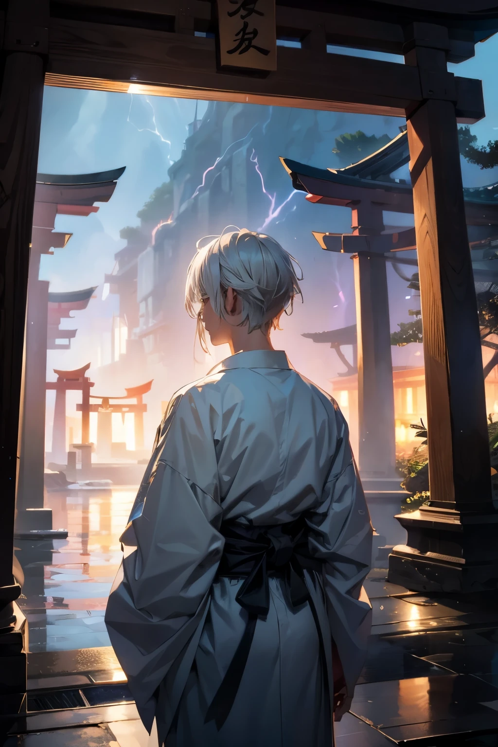 Lightning Kimono、White-haired young man、torii、masterpiece、Back view、I can't see your face