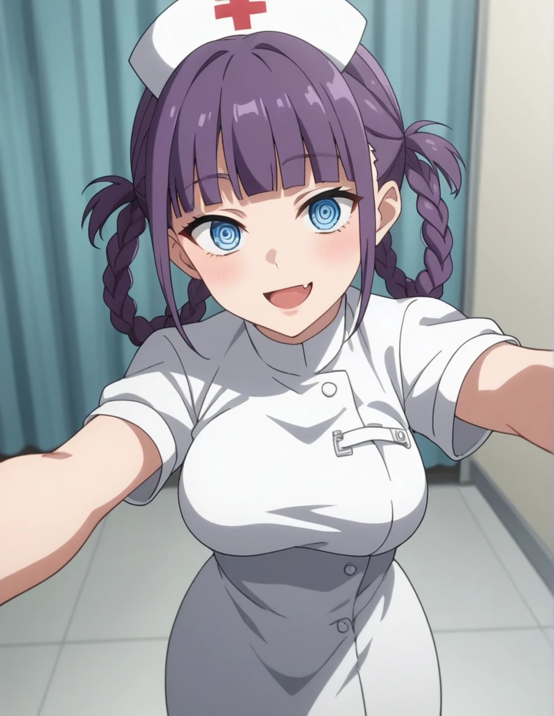 score_4, score_5, score_6, score_9, score_8_up, score_7_up,  source_anime, nazunaxl, nurse, nurse cap, braided hair rings, purple hair, blue eyes, hair rings, dress, short sleeves, ringed eyes, breasts, blunt bangs, purple hair, white dress, pov, selfie, smile, hospital, indoors, looking at viewer,  fang,  fine anime screencap_xl, anime_screencap