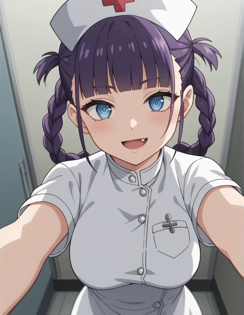 score_4, score_5, score_6, score_9, score_8_up, score_7_up,  source_anime, nazunaxl, nurse, nurse cap, braided hair rings, purple hair, blue eyes, hair rings, dress, short sleeves, ringed eyes, breasts, blunt bangs, purple hair, white dress, pov, selfie, smile, hospital, indoors, looking at viewer,  fang,  fine anime screencap_xl, anime_screencap