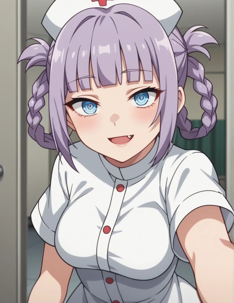 score_4, score_5, score_6, score_9, score_8_up, score_7_up,  source_anime, nazunaxl, nurse, nurse cap, braided hair rings, purple hair, blue eyes, hair rings, dress, short sleeves, ringed eyes, breasts, blunt bangs, purple hair, white dress, pov, selfie, smile, hospital, indoors, looking at viewer,  fang,  fine anime screencap_xl, anime_screencap