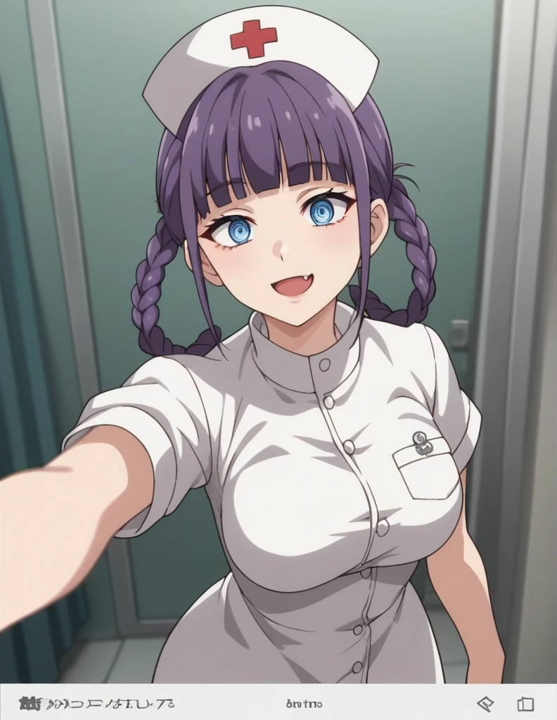 score_4, score_5, score_6, score_9, score_8_up, score_7_up,  source_anime, nazunaxl, nurse, nurse cap, braided hair rings, purple hair, blue eyes, hair rings, dress, short sleeves, ringed eyes, breasts, blunt bangs, purple hair, white dress, pov, selfie, smile, hospital, indoors, looking at viewer,  fang,  fine anime screencap_xl, anime_screencap