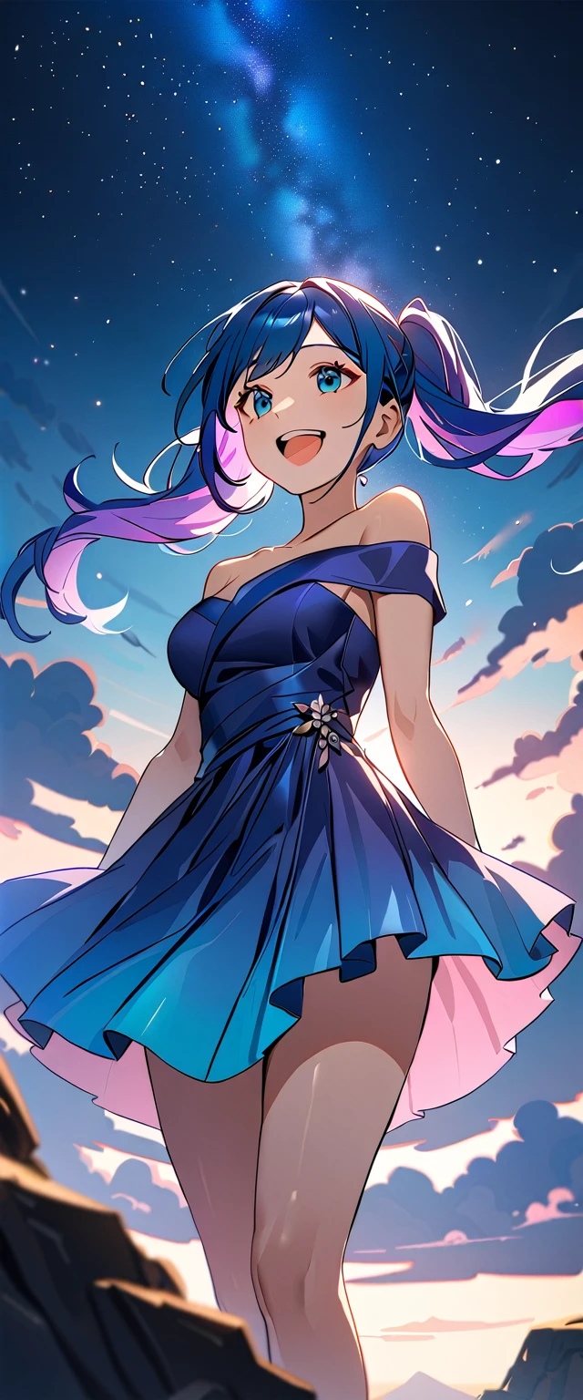 Photo of a high school girl with natural skin, Cowboy Shot, Looking at the camera, laughing, Black and blue gradient hair in twin tails, Sharp eyes with blue eyeshadow, A thin, upturned nose, Well-shaped lips, White off-the-shoulder dress, Makeup, Exquisitely crafted with the utmost attention to detail, Vibrant, amazing, Smooth, Cinematic, 4K, Backlight, Atop a cliff with a beautiful starry sky, Shallow depth of field.