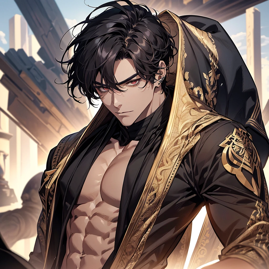 Create an image of a handsome, invincible ancient god in disguise as a human. He is tall, with a perfect muscular build and defined abs, dressed in divine black attire. His facial structure is flawless, resembling that of a Korean man, with short black hair and piercing dark brown eyes. His skin is fair. He exudes an aura of power and mystery.