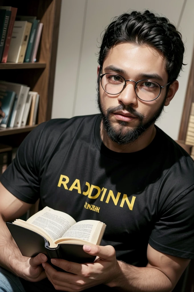 a Black man, shorth hair, impressive beard, athletic build, black tee, round glasses with black frames, bright yellow eyes, reading a book