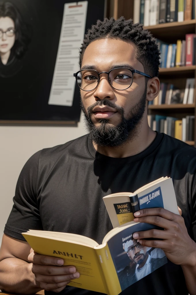 a Black man, shorth hair, impressive beard, athletic build, black tee, round glasses with black frames, bright yellow eyes, reading a book