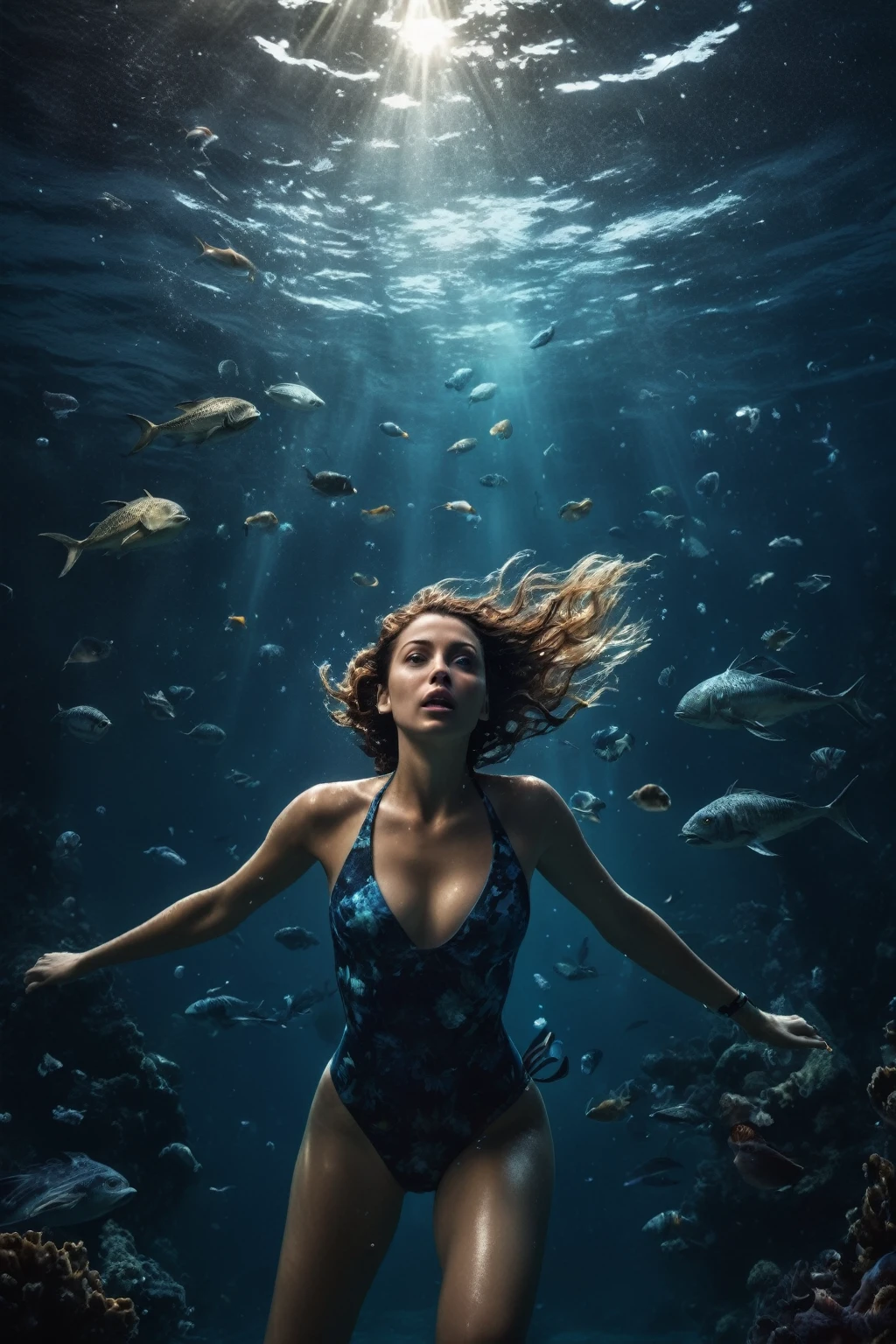 Create a photorealistic underwater scene where a single woman in a two-piece swimsuit is swimming through the deep sea. She is surrounded by deep-sea creatures in a dark, eerie ocean environment. The woman is actively swimming, with bubbles emerging from her breath, adding to the sense of motion. The sea creatures are bizarre and monstrous, enhancing the sense of danger and adventure. Use a cinematic style with a focus on action and suspense, inspired by underwater documentaries and horror films. The lighting is dim, with beams of light penetrating the deep water, highlighting the woman's determined expression. Render in 8K resolution with ultra-detailed textures and dynamic lighting.