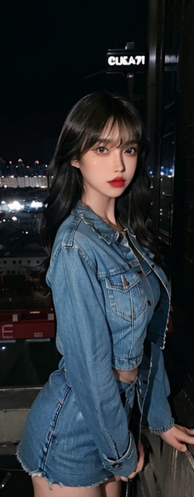 ((midnight,Best quality,8K,masterpiece:1.3)),(close up),Sharp focus,一个身材完美的漂亮女人的全身close up,全身close up,((Black Hair,Large Breasts)),(Denim jacket,Short skirt,Black high heels,Standing),((Nighttime cityscape,roof)),Highly detailed face and skin textures,Detailed eyes,Double eyelids