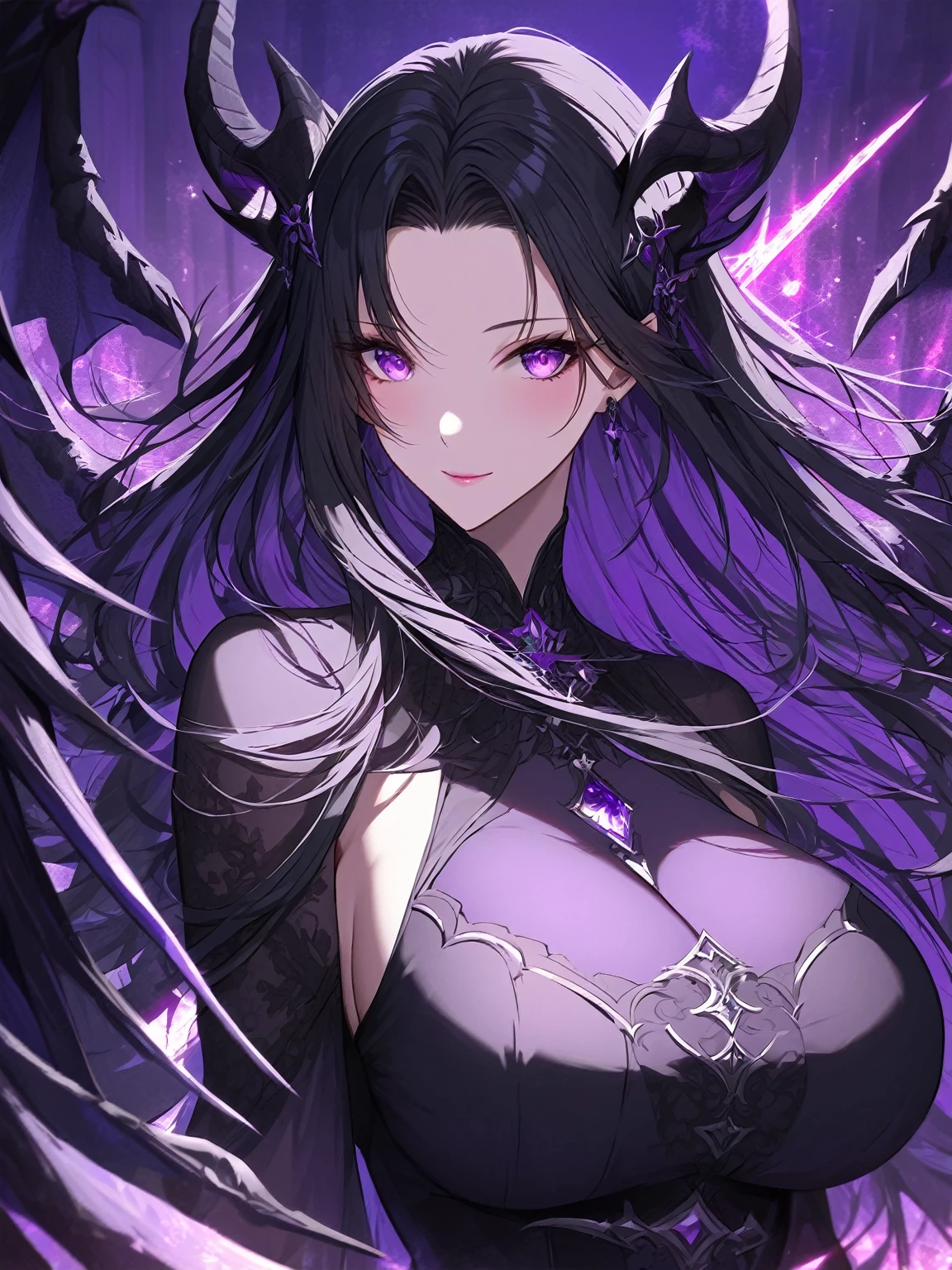 Beautiful woman - she is in a black dress with purple details, long straight hair, black hair and hair on the sides, with black dragon horns, with black dragon wings, large breasts (huge), beautiful, charming, bright purple eyes, elegant, mysterious face, kind face, charming, against the background of great purple magic.