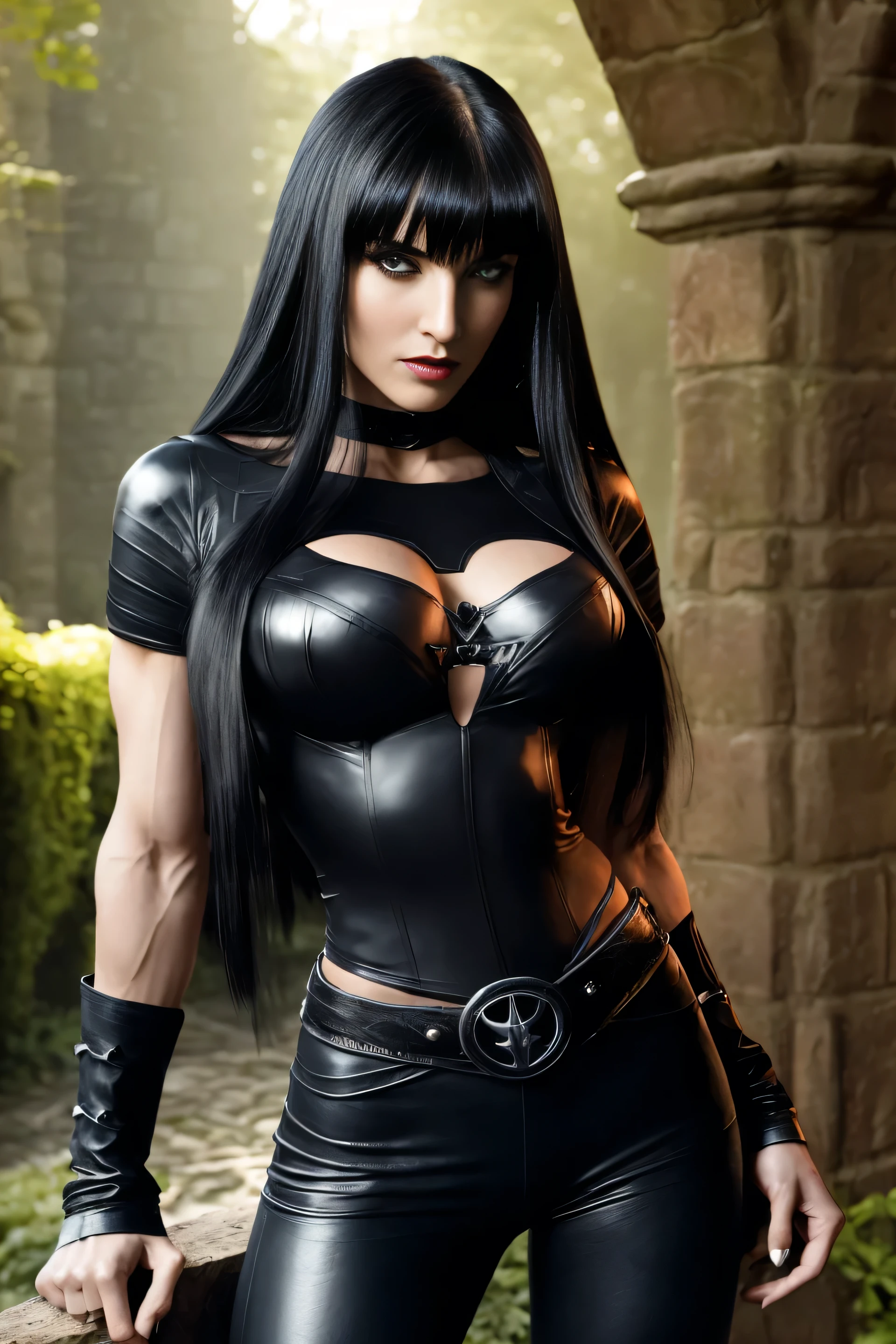 beauty superheroine woman (Long black hair with bangs, thin waist, big breasts, six pack abs, toned legs, biceped, t-shirt, Black leather pants, looking at the audience, dieselpunk, dark gothic castle garden bacground