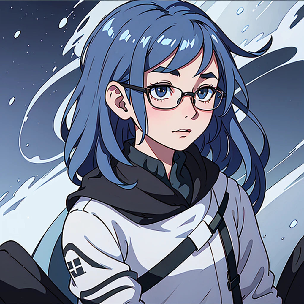 @StableDiffusion3 Create a logo for my YouTube channel,based on anime characters. He must have blue hair, glasses,business clothes, an astonished and shy expression,2d anime style