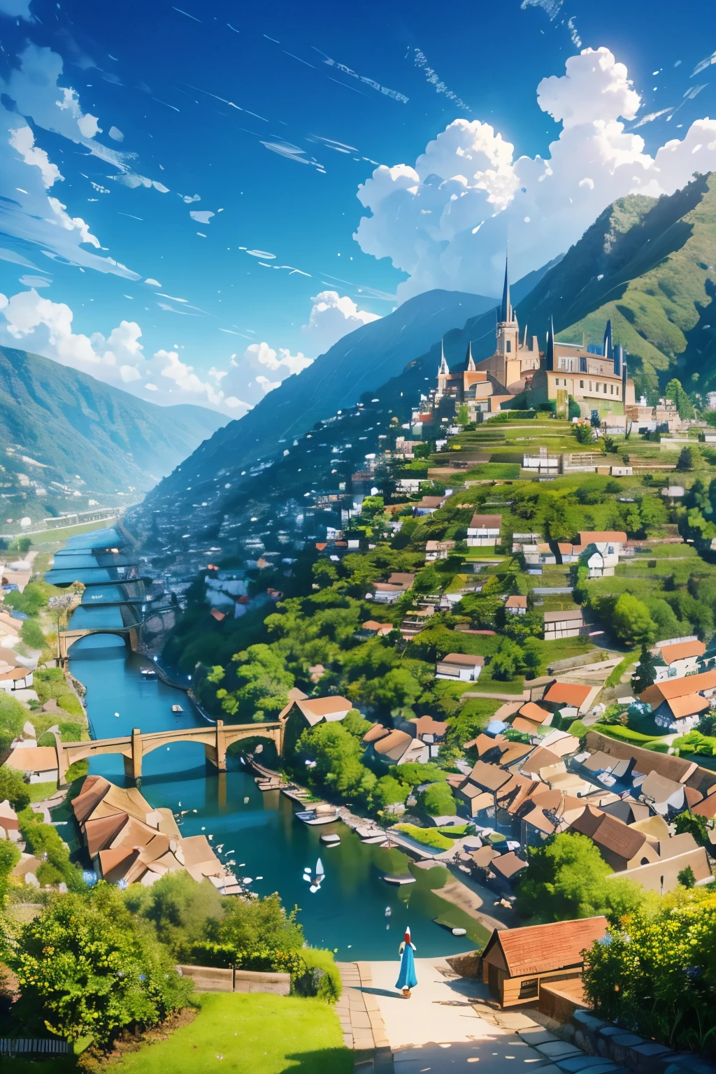 Image Prompt: A mesmerizing bird's-eye perspective of Ardenwood, emulating the exquisite visuals of Disney's "Frozen" or "Tangled." The village is nestled in the embrace of rolling hills, adorned with lush greenery, where quaint stone houses with thatched roofs are scattered like jewels. Cobblestone streets weave their way through the village, revealing villagers immersed in their daily lives. This captivating scene showcases the enchanting charm of Ardenwood in vibrant colors and meticulous details, reflecting the Pixar style, full HD, and Disney animation, epitomizing the highest