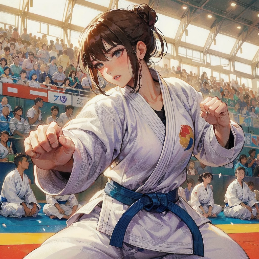 masterpiece, (textured skin), best quality, gorgeous beautiful girl, (a female judo athlete), detailed clothes,large breasts,narrow waist,, (beautiful face), cinematic lighting, (at judo venue ),