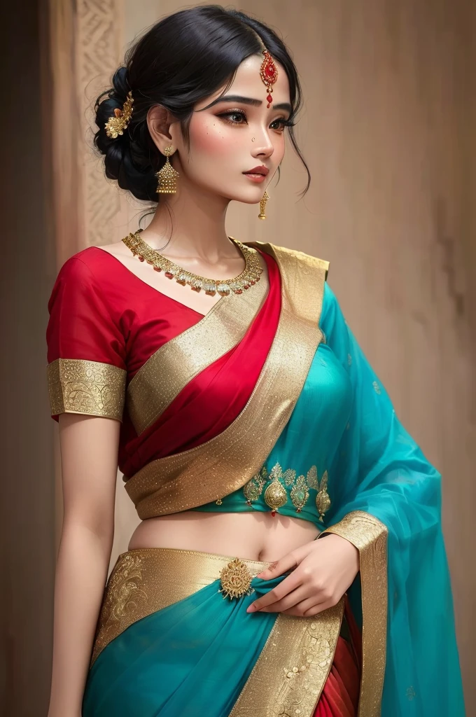 Wearing red and blue、Woman in sari with gold embellishments, Very beautiful Enga style, Traditional Beauty, 蓝色Traditional clothing, India style, wearing sari, Wearing beautiful clothes, Southeast Asian, Very beautiful girl, The colors are beautiful, India, wear sari, Traditional clothing, India super model, Very charming and beautiful, Very extremely beautiful, wear sari