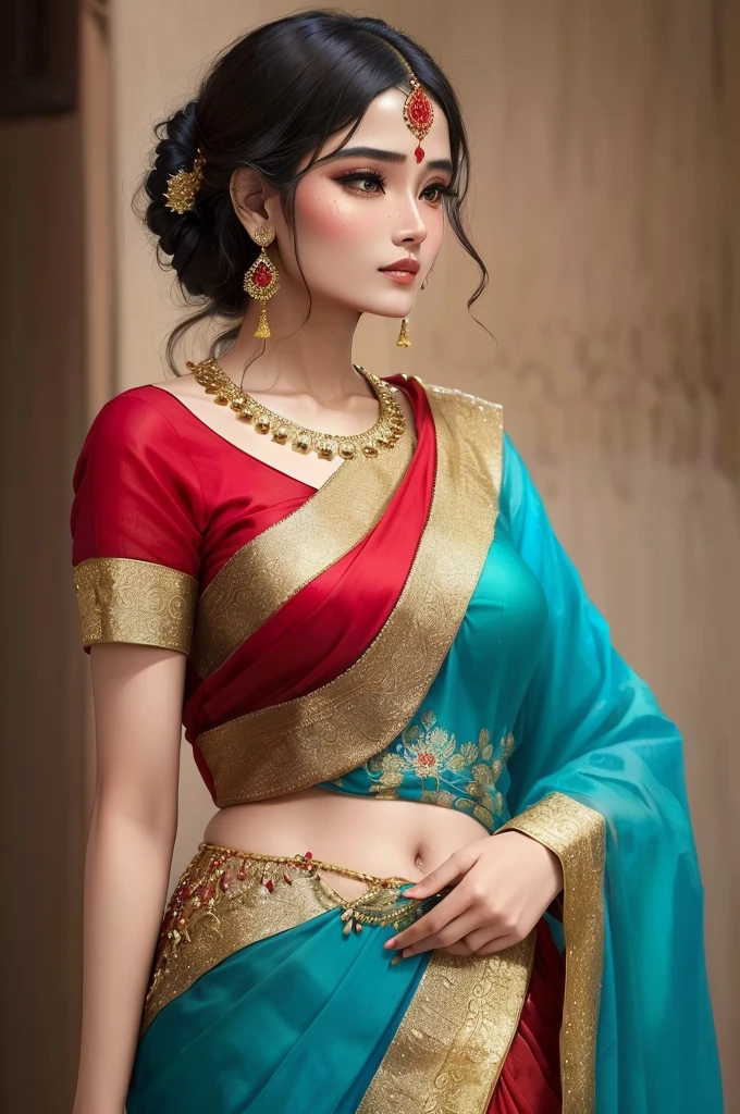 Wearing red and blue、Woman in sari with gold embellishments, Very beautiful Enga style, Traditional Beauty, 蓝色Traditional clothing, India style, wearing sari, Wearing beautiful clothes, Southeast Asian, Very beautiful girl, The colors are beautiful, India, wear sari, Traditional clothing, India super model, Very charming and beautiful, Very extremely beautiful, wear sari
