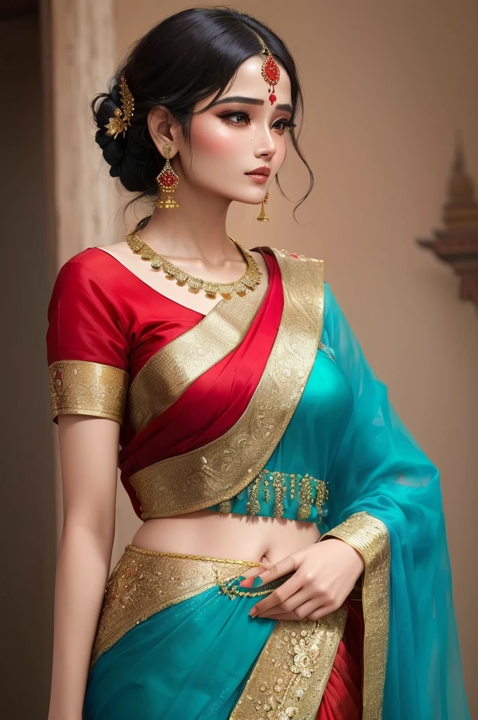 Wearing red and blue、Woman in sari with gold embellishments, Very beautiful Enga style, Traditional Beauty, 蓝色Traditional clothing, India style, wearing sari, Wearing beautiful clothes, Southeast Asian, Very beautiful girl, The colors are beautiful, India, wear sari, Traditional clothing, India super model, Very charming and beautiful, Very extremely beautiful, wear sari