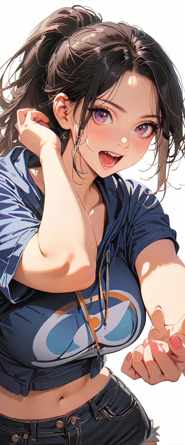 20 years old,1 mature woman,hyperrealistic, 8k, (extremely detailed 8k), (very delicate and beautiful), (masterpiece), (better quality:1.0), (ultra high resolution:1.0), (masterpiece, best quality),cute,black hair,ponytail,cowboy shot,white background,realistic skin,Denim Shorts,model posing,big breasts,excited,Parka