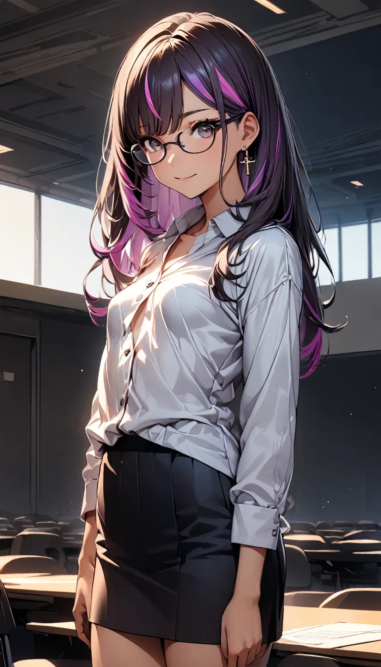 (highest quality:1.2, Very detailed, up to date, Vibrant, Ultra-high resolution, High Contrast, masterpiece:1.2, highest quality, Best aesthetics), Portraiture、girl、25 years old, Bright colors、Beautiful fine details、Beautiful lip detail、long hair、black and purple ((streaked hair:1.6)), highlights hair: 1.5, rbrown eyes, glasses, cross earrings, ((slim body:1.6)), (small breast:1.5), standing, loose button-up shirt, skirt, meeting room、Cowboy shot,