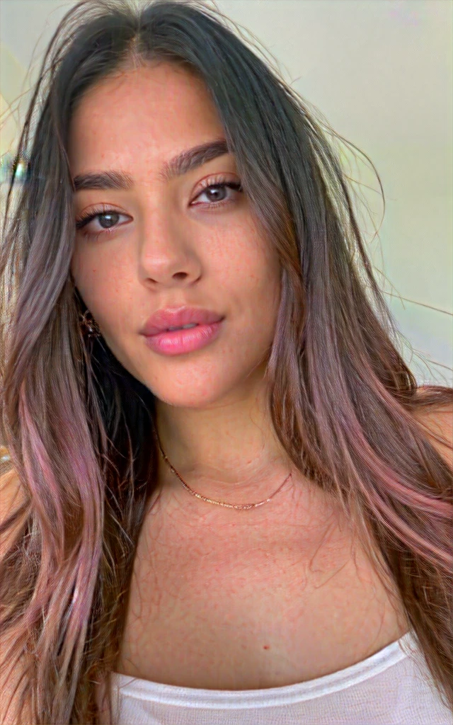 A 20-25 year old girl with refined, perfect facial features. She has large, expressive eyes of bright blue color, framed by long and thick eyelashes. Her skin is flawlessly smooth and radiant, with a delicate pink blush on her high cheekbones. Her nose is neat and graceful, her lips are full and sensual, with a natural pink tint that gives her smile a special charm.
Her hair is long, silky and lustrous, deep brown in color, falling in soft waves over her shoulders and back, framing her face. Her hair is highlighted with thin strands of purple color, adding extravagance to her image and emphasizing her personality. On her left cheek she has a barely noticeable mole, which gives her a special charm and uniqueness.
Her facial features are harmonious and attractive, her gaze is magnetic and seductive. Instagram selfie. Upper body photo