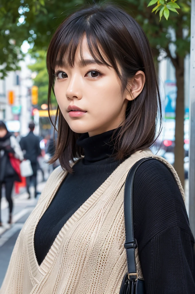 (Colossal tits、Turtleneck knitwear、Shoulder bag)、(top-quality,masterpiece:1.3,超A high resolution,),(ultra-detailliert,Caustics),(Photorealsitic:1.4,RAW shooting,)Ultra-realistic capture,A highly detailed,high-definition16Kfor human skin、 Skin texture is natural、、The skin looks healthy with an even tone、 Use natural light and color,One Woman,japanes,,kawaii,A dark-haired,Middle hair,(depth of fields、chromatic abberation、、Wide range of lighting、Natural Shading、)、(Hair swaying in the wind:1.2)、Streets of Tokyo