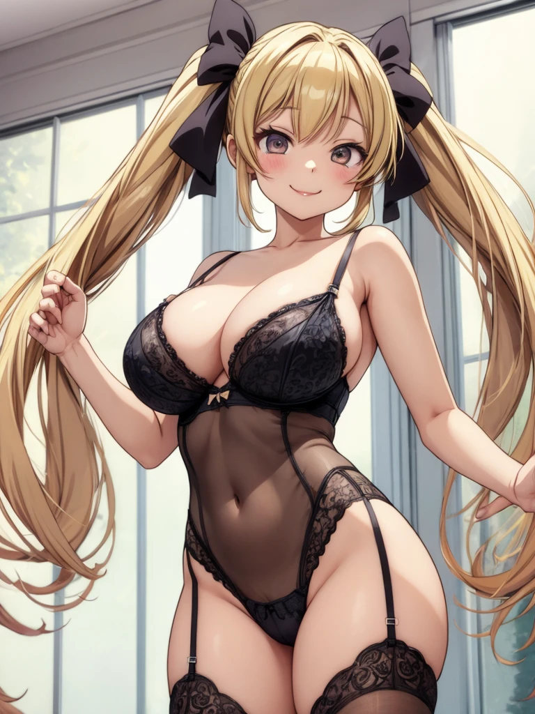 Anime-style illustrations、1 Girl、Blonde、Twin tails, hair ornaments、Sexy pose、See-through lingerie,  smile、Thighs、