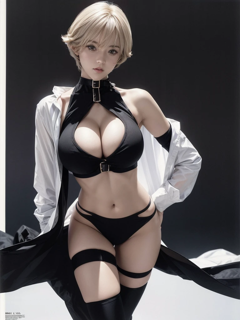Very short hair, (masterpiece、Highest quality、Official Art), Neck up, View from the front, Looking at the audience:1.5, topless, Underless, White jacket:1.2, Black long boots, Black garter belt, (Black bondage suit:1.2), Black collar, Black choker, Glowing Skin, Realistic:1.9, Very detailed, Full Body Shot:1.2, Cleave, Belly button pussy, Expose the center of the body, High resolution, full color photos, High detail, Extremely realistic detail, Ultimate realistic texture, Ultimate in exquisite detail, Professional photos, Sexy portrait of a girl, Voluptuous bust, Tight waist, Cleavage, Trained abdominal muscles, Big Ass,Complete the whole body, Full body image, No underwear, Highest quality, ((background:city:1.4)), Suzune, Suzune's clothes