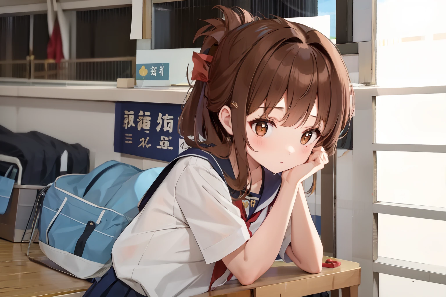 A female student in a sailor uniform is watching a physical education class in the gymnasium because she is feeling unwell,(masterpiece, best quality:1.2),illustration,8K,HD,1girl,独奏,upper body,(portrait:1.2),brown_hair,folded_ponytail,brown_eyes,serafuku,long_hair,school_uniform,skirt,pleated_skirt,