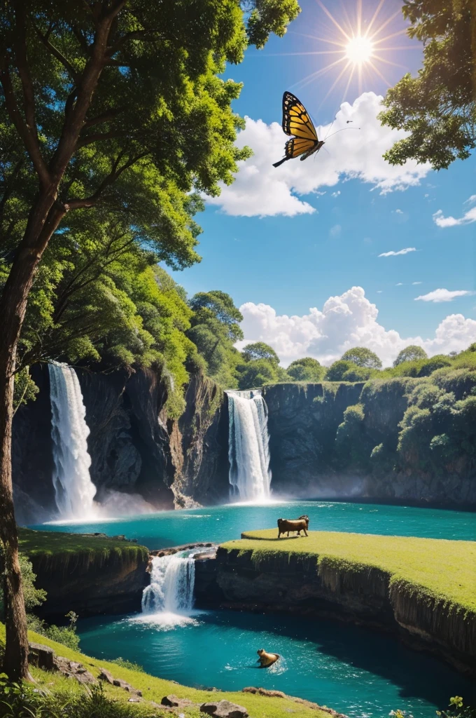 A black bird flying away with a tree, a peacock with glasses on its eyes, a fire chariot flying in the air, an airplane walking on the road, a lion having a conversation with a cow, a one-eyed sun on a black tree, with a patch of cloud over it, a blue fish flying in the forehead of the cloud, and a yellow butterfly swimming in the waterfall.
Give me drawing