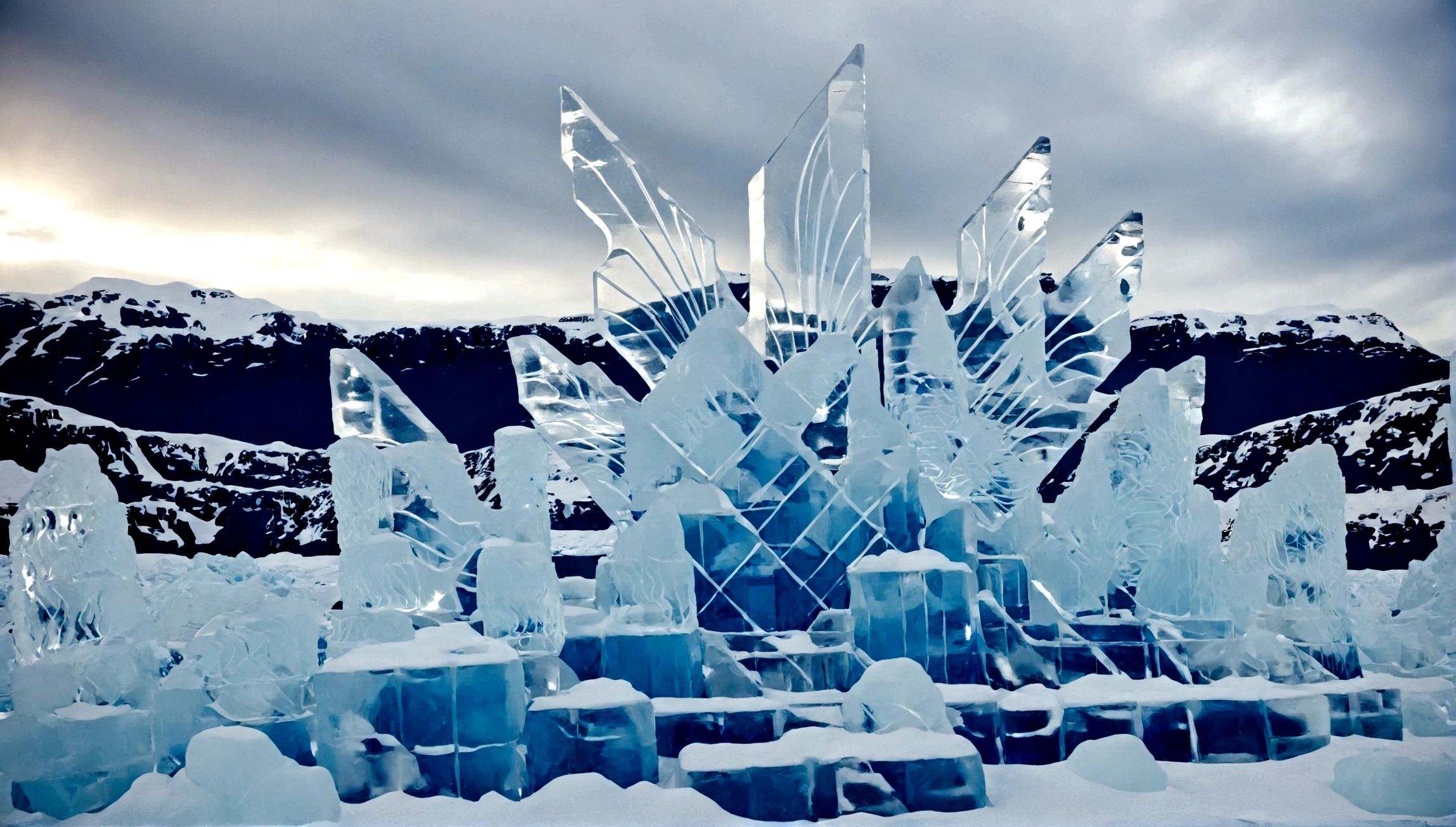 ice fortress,superman's fortress of solitude made of ice,in the north pole,snowy windy scene,shards of ice