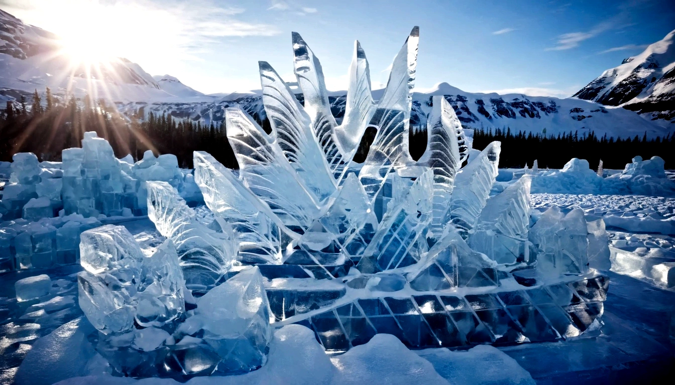 ice fortress,superman's fortress of solitude made of ice,in the north pole,snowy windy scene,shards of ice