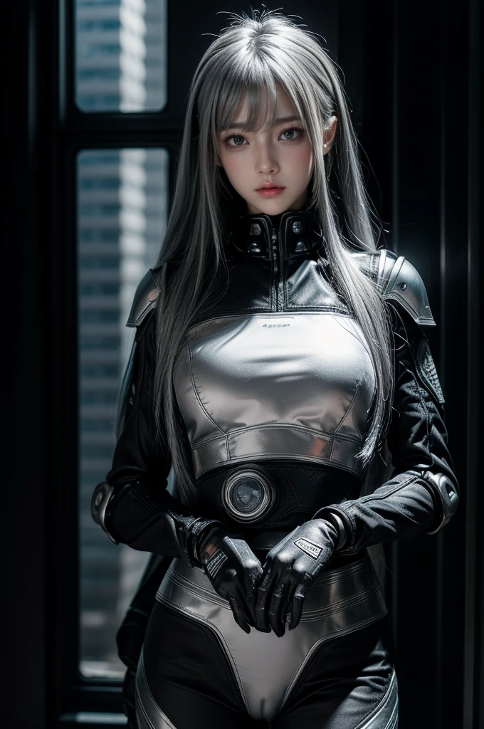 cyber angel,machine wing,{{Sci-Fi Armor}},cyber suit,cyberpunk,science fiction,cyber battle armor,Battledress,Military Uniforms,pants,black military uniform,whole body,Height: 168cm,almond shape eyes,{{{{{silver eyes}}}}},{{{{{dull bangs}}}}},(slanted eyes},{{whole body},{{{1 girl}}}, long hair, straight hair,{{{{silver hair}}}},{{{tsurime}}},30 years old,{Medium chest},{{bush}},silver eyes,{{{masterpiece}}}, {{{highest quality}}}, {{Super detailed}}, {shape}, {{very delicate and beautiful}},very detailed,detailed perfect,detailed hyper,Abundant thighs,big ass,black clothes,natural hands