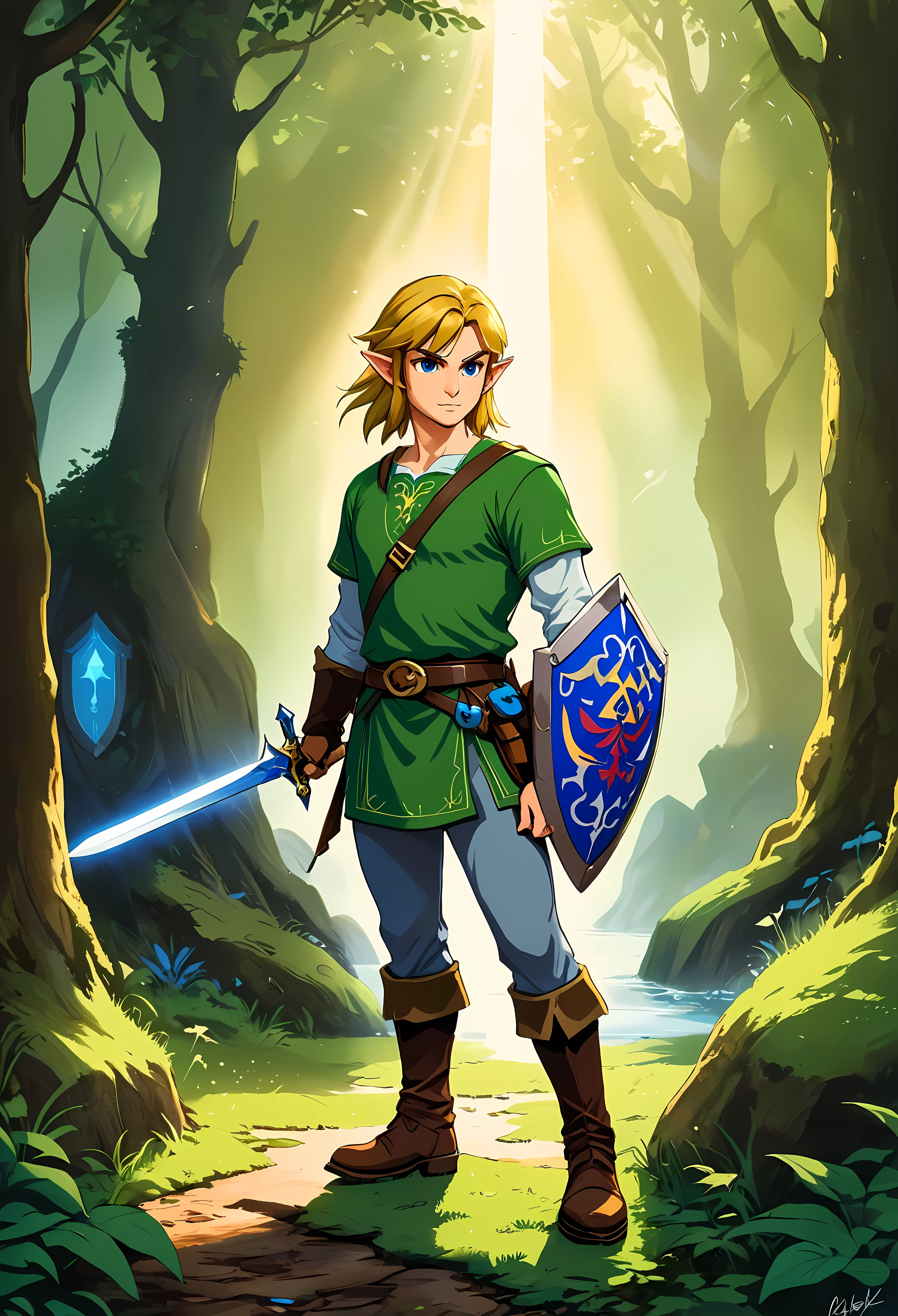 Create a breathtaking, ultra-high-definition image in 16K resolution that captures the essence of high fantasy and adventure, inspired by the creator's original art style from The Legend of Zelda. | Visualize Link, the iconic hero, with his signature green tunic, brown boots, and leather gauntlets. His blonde hair should be slightly tousled, and his determined blue eyes should reflect both his courage and readiness for the journey ahead. Link's ears are pointed, adding to his elf-like appearance, and his expression is one of focus and bravery. | He is equipped with his Master Sword and Hylian Shield, both meticulously detailed to highlight their legendary status. The backdrop is a lush, enchanted forest bathed in the soft glow of twilight, with rays of light filtering through the dense canopy, casting ethereal shadows and highlights. The scene should include subtle elements from the Zelda universe, like faintly glowing ruins or distant, mystical creatures, adding depth and a sense of magic to the environment. | Capture Link in a dynamic pose as he stands on a moss-covered rock, ready for battle. The camera angle is slightly low, emphasizing his heroic stature and the readiness in his stance. His muscular arms and the firmness of his grip on the sword portray his strength and determination. Strategic lighting illuminates his face and armor, casting a heroic glow that highlights the details of his outfit and the textures of his surroundings. The overall ambiance should integrate vibrant colors and rich details, creating a sense of depth and immersion in the fantasy world. Ensure anatomical correctness, with a focus on ultra-detailed textures and high-quality rendering, capturing every nuance of Link's appearance and gear in stunning clarity. This masterpiece should embody the spirit of adventure and heroism, immersing viewers in its lifelike depiction.| ((anatomical correctness)), ((perfect_composition, perfect_design, perfect_layout, perfect_detail, ultra_detailed)).