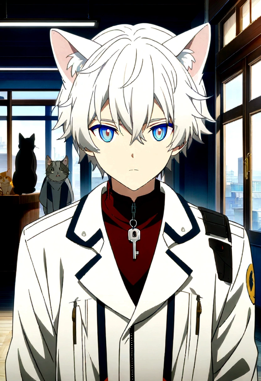 anime, A man with white hair and blue eyes wore a white jacket., tall anime guy with blue eyes, anime boy, anime girl with cat ears, detailed anime character art, anime character, cute anime boycat, From Arknights, anime , key anime art, anime character art, clean detailed anime style, anime cat, clean detailed anime art