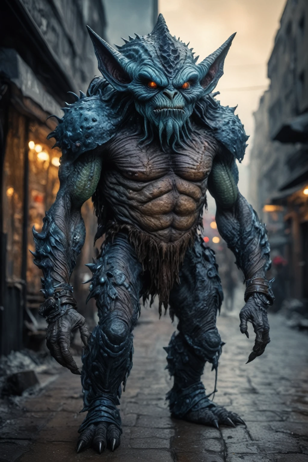 full-body-shot,niobium Manganite (The Alien Entity:troll:0.5), wants eat,survival in criminal city of future,Cinematic,soft colors, Technicolor,natural skin textures, hyper realism, hyper detailed,Extremely detailed,High contrast,Masterpiece,Realistic,Ultra Detailed, intricate details,realistic humid leather,extremely intricate,Epic Realistic, cinematic style,irina yermolova,high contrast,HDR,extremely detailed, [deep night landscape],masterpiece,intricate details,faded,eyes extremely detailed, high detailed eyes,8k resolution,RAW,retina, Nikon Z9