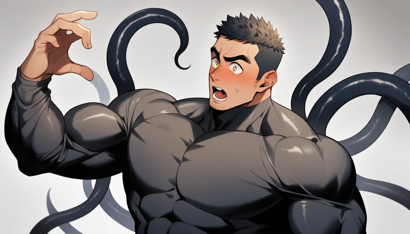 anime characters：Superhero in tights, negro black skin, He was entangled by a large number of thick black tentacles, Very stout, Lots of mucus, Wrap around the neck, Tightly tied, Manliness, male focus, Yellow and black high collar long sleeve tight T-shirt, Slightly transparent material, Very tight, Round, full and perky chest muscles, Male dog waist, Slightly transparent, muscular male, muscular, only, Upper body, alone, Black short hair, Thick eyebrows, stubble, Yellow eyes, Grey background, simple background, amazing quality, best aesthetics, Ridiculous, bright pupils, crew cut, parted lips, blush, open mouth, scared, drop shadow, best quality