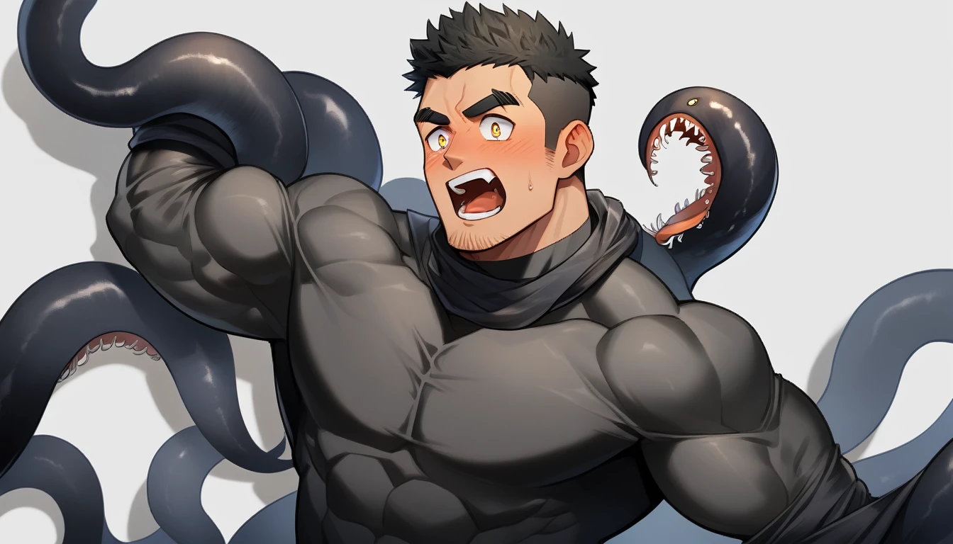 anime characters：Superhero in tights, negro black skin, He was entangled by a large number of thick black tentacles, Very stout, Lots of mucus, Wrap around the neck, Tightly tied, Manliness, male focus, Yellow and black high collar long sleeve tight T-shirt, Slightly transparent material, Very tight, Round, full and perky chest muscles, Male dog waist, Slightly transparent, muscular male, muscular, only, Upper body, alone, Black short hair, Thick eyebrows, stubble, Yellow eyes, Grey background, simple background, amazing quality, best aesthetics, Ridiculous, bright pupils, crew cut, parted lips, blush, open mouth, scared, drop shadow, best quality