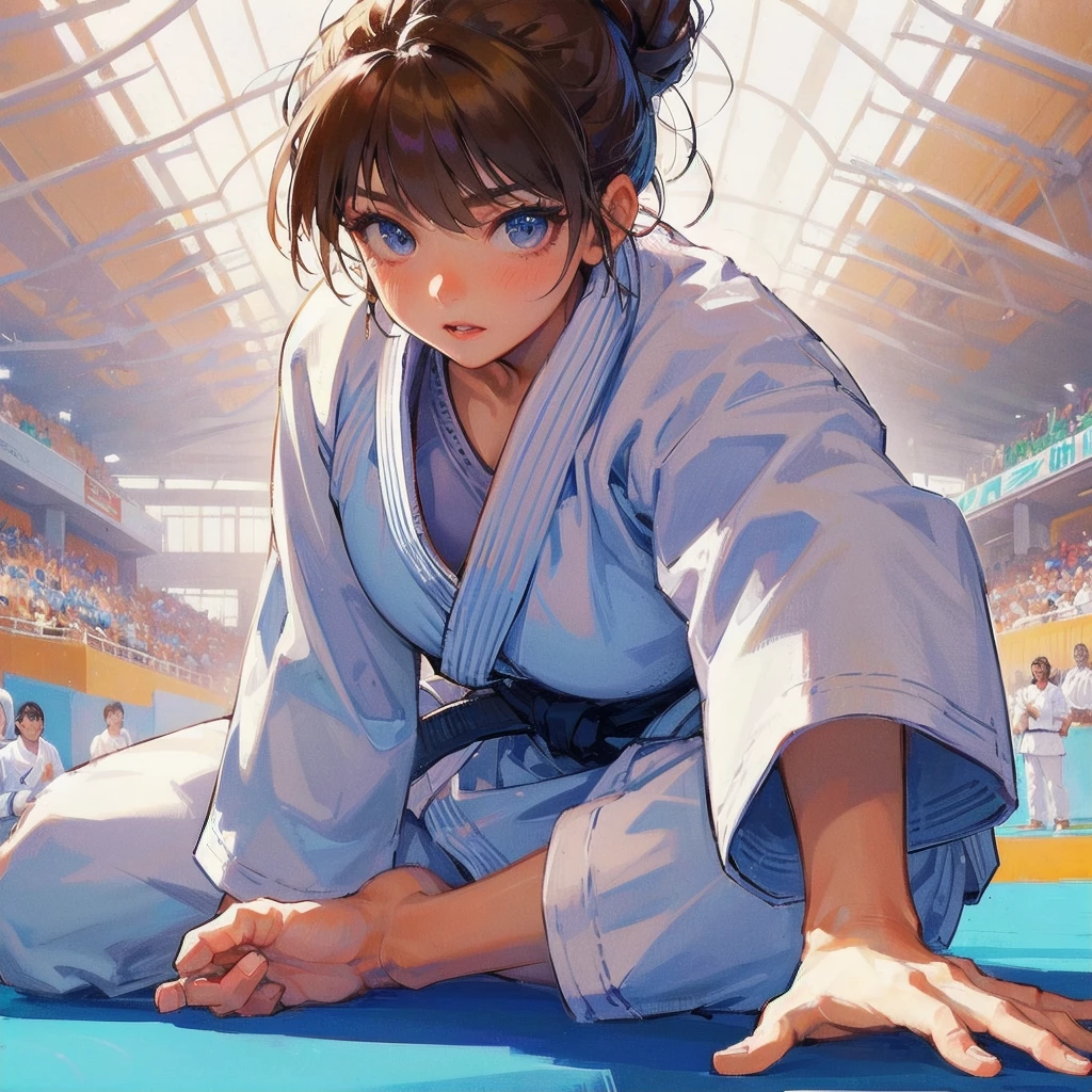 masterpiece, (textured skin), best quality, gorgeous beautiful girl, (a female judo athlete), detailed clothes,large breasts,narrow waist,, (beautiful face), cinematic lighting, (at judo venue ),