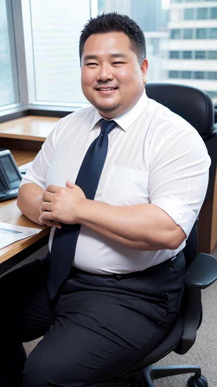 high quality,ultra detailed,best quality,Fat man,50 years old,detailed face,white business shirt transparent with sweat,Black slacks,office,sitting on chair,cowboy shot,Sweaty,chubby,smile,