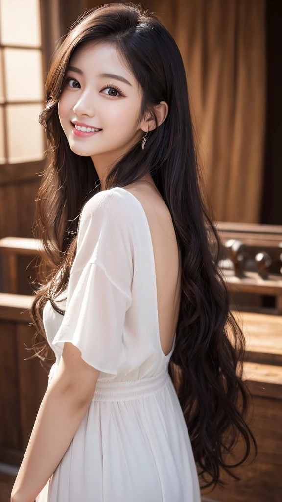 masterpiece、1 beautiful girl、Highest quality, High resolution, (reality: 1.4), Japanese、A Japanese person smiling with beautiful white teeth、Amazingly white, beautiful skin、thin、(Ultra-realistic)、(High resolution)、(8K)、(Very detailed)、(Beautiful attention to detail)、(Very detailedな)、(Detailed eye depiction)、Big eyes、Long eyelashes、Detailed face、Gloss Lip,Bright lighting、Professional Lighting、Standing facing forward and looking at the camera、Look straight ahead、The whole body is shown、Long Hair、Black Hair、Curly Hair、Shooting studio scenery、Nogizaka idol、actress、20-year-old、Moist and realistic skin texture、Moist lips、
