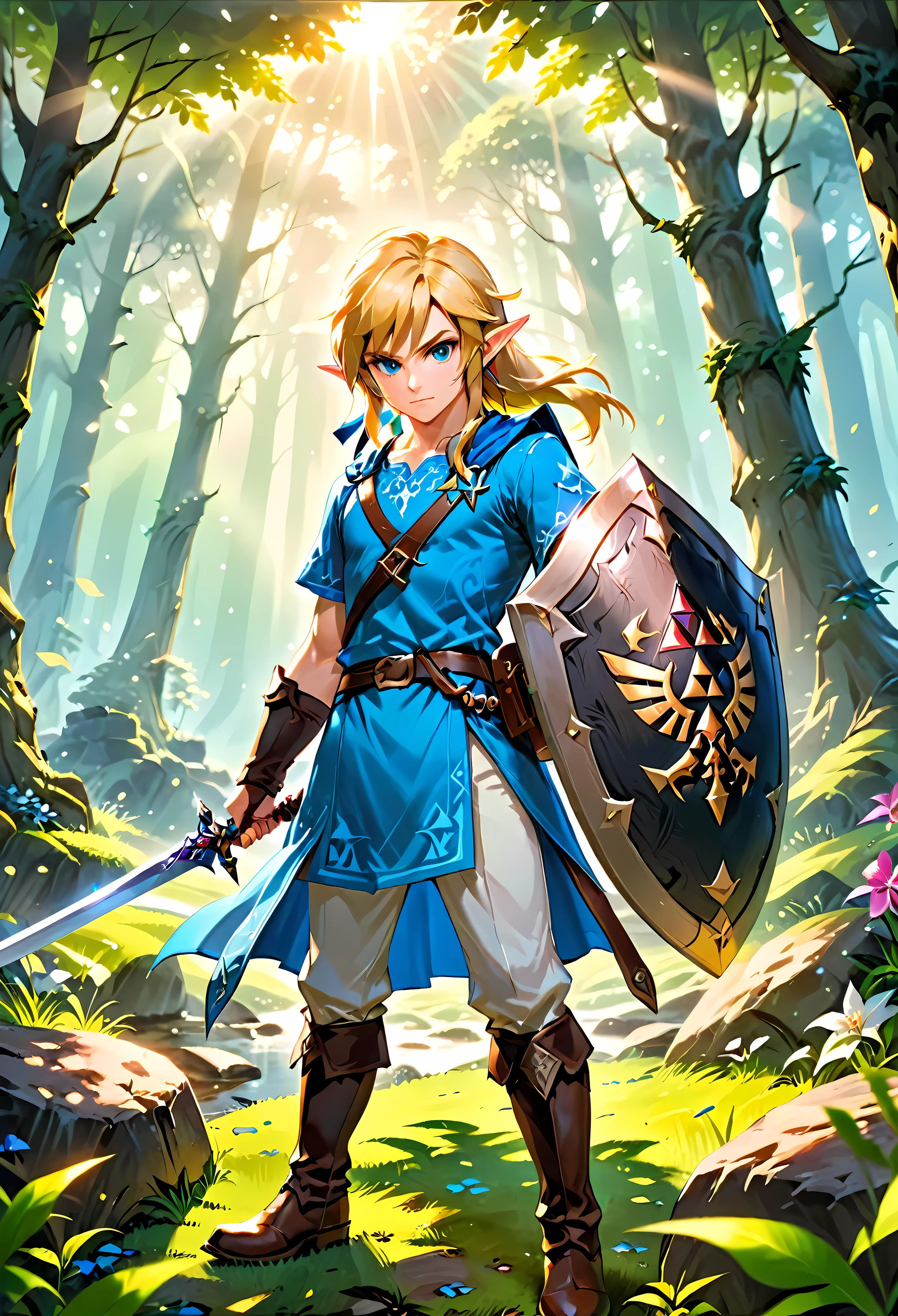 Create a breathtaking, ultra-high-definition image in 16K resolution that captures the essence of high fantasy and adventure, inspired by the creator's original art style from The Legend of Zelda. | Visualize Link, the iconic hero, with his signature green tunic, brown boots, and leather gauntlets. His blonde hair should be slightly tousled, and his determined blue eyes should reflect both his courage and readiness for the journey ahead. Link's ears are pointed, adding to his elf-like appearance, and his expression is one of focus and bravery. | He is equipped with his Master Sword and Hylian Shield, both meticulously detailed to highlight their legendary status. The backdrop is a lush, enchanted forest bathed in the soft glow of twilight, with rays of light filtering through the dense canopy, casting ethereal shadows and highlights. The scene should include subtle elements from the Zelda universe, like faintly glowing ruins or distant, mystical creatures, adding depth and a sense of magic to the environment. | Capture Link in a dynamic pose as he stands on a moss-covered rock, ready for battle. The camera angle is slightly low, emphasizing his heroic stature and the readiness in his stance. His muscular arms and the firmness of his grip on the sword portray his strength and determination. Strategic lighting illuminates his face and armor, casting a heroic glow that highlights the details of his outfit and the textures of his surroundings. The overall ambiance should integrate vibrant colors and rich details, creating a sense of depth and immersion in the fantasy world. Ensure anatomical correctness, with a focus on ultra-detailed textures and high-quality rendering, capturing every nuance of Link's appearance and gear in stunning clarity. This masterpiece should embody the spirit of adventure and heroism, immersing viewers in its lifelike depiction.| ((anatomical correctness)), ((perfect_composition, perfect_design, perfect_layout, perfect_detail, ultra_detailed)).