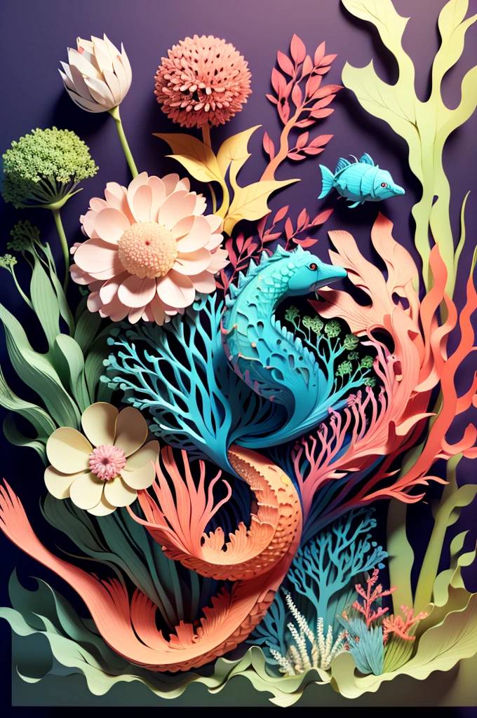 High relief 3D image of a pastel-colored seahorse surrounded by plants and seaweed, High- sharpness, untied, aluminium, color contrast.