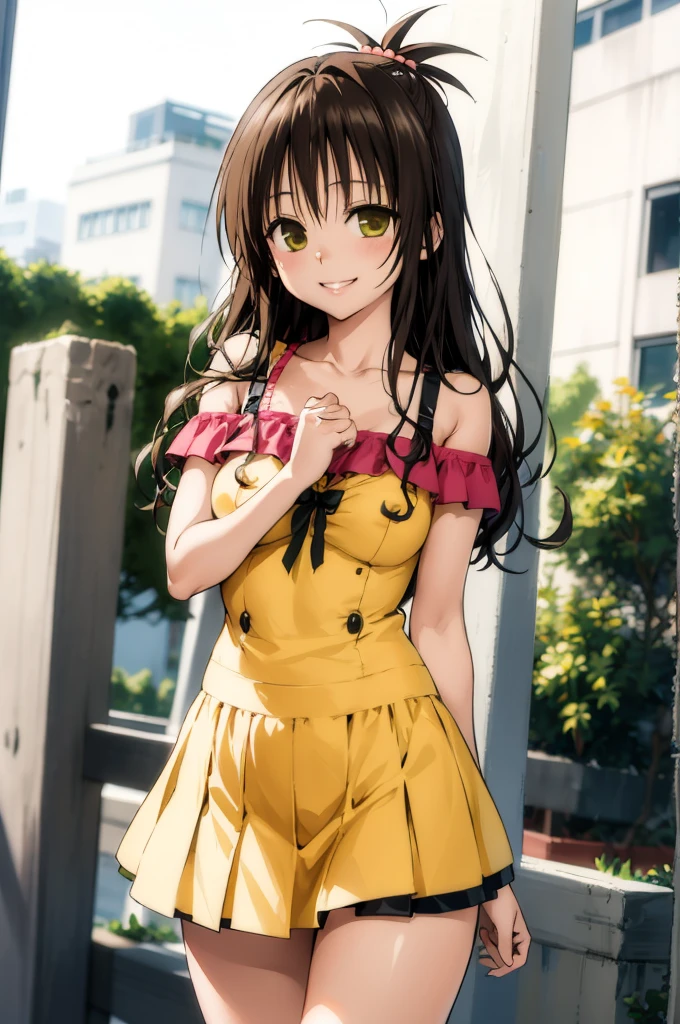 1girl,solo,yuuki mikan,, smile,, (best quality:1.3),1girl,outdoor,,,nsfw,cowboy shot,,off shoulder,miniskirt,(((gyaru))),grin