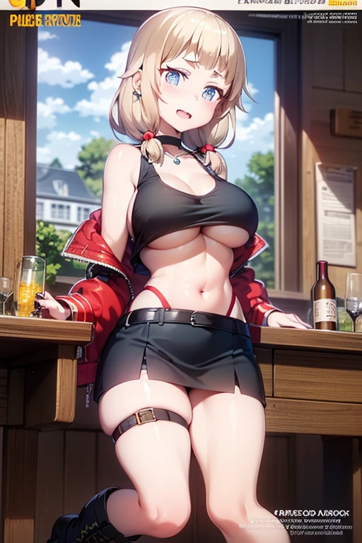 (masterpiece:1.2), (Military uniform magazine cover:1.4),best quality,PIXIV,Sweet girl , sexy posture,1girl, (perky chest:1.2), rolling upskirt by wind:1.6, (with sparkling eyes and a contagious smile),open mouth, (pointed chest:1.2),fishnets, black hair, boots, long hair, black nails, skirt, shirt, black footwear, bag, black skirt, jewelry, jacket, thigh strap, bangs, necktie, earrings, nail polish, multicolored hair, looking at viewer, full body, bottle, own hands together, belt, jacket on shoulders, food, cats on head, ring, choker, english text, collared shirt, blue eyes, hat, lace-up boots ,masterpiece、highest quality、Very detailed、An illustration、Beautiful fine details、One Girl、cute、Detailed landscape、Training Room Background:1.4、Platinum Blonde Hair、Braided Ponytail、Red camisole、((c cup breasts, Tank top showing underboob:1.4))